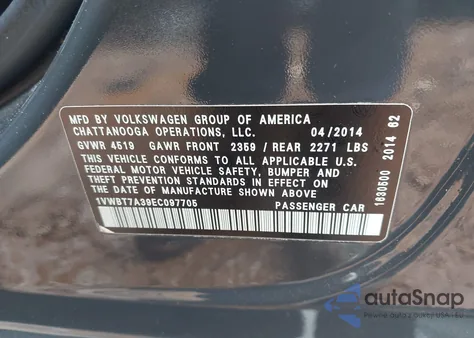 2014 Volkswagen Passat 1.8T Sport z USA, uszkodzony, nr VIN 1VWBT7A39EC097705